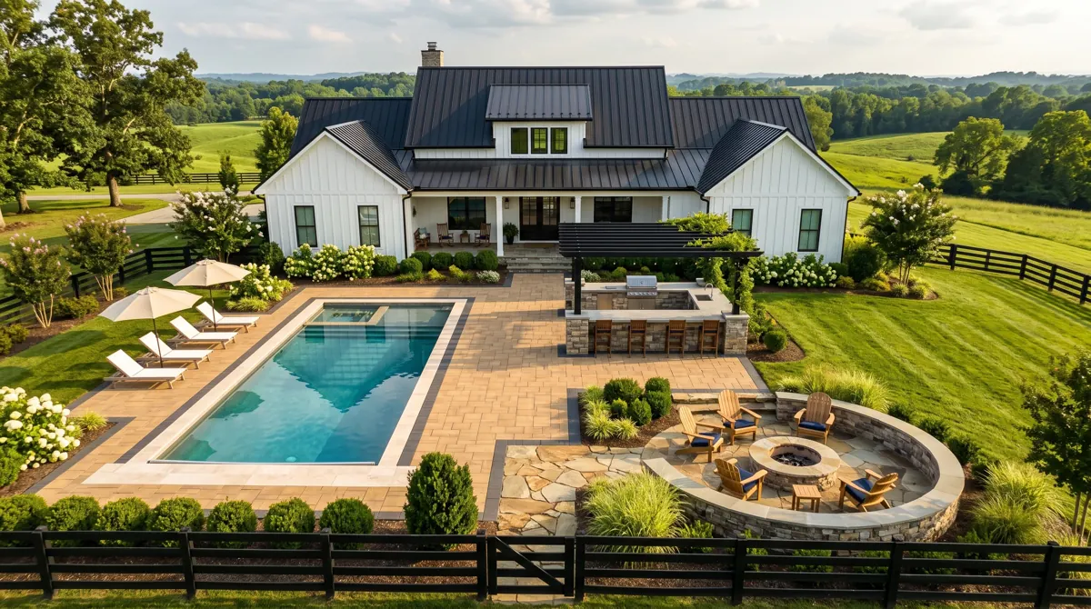 Concept rendering of a Knoxville backyard with pool, outdoor kitchen and fire pit